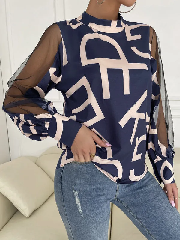 Letter Print Spliced Mesh Long Sleeve Blouse - Top