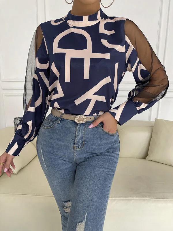 Letter Print Spliced Mesh Long Sleeve Blouse - Top