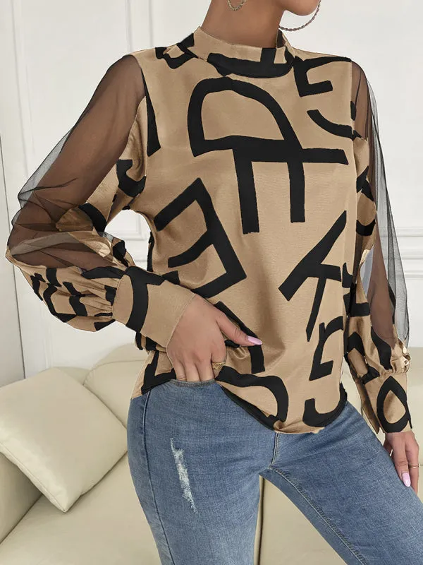 Letter Print Spliced Mesh Long Sleeve Blouse - Top