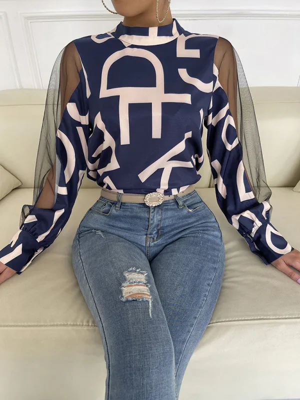 Letter Print Spliced Mesh Long Sleeve Blouse - Top