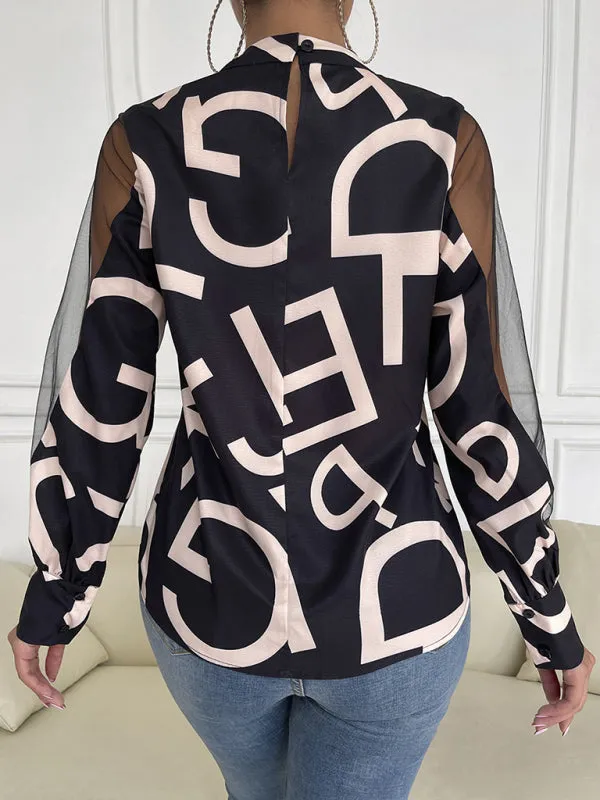 Letter Print Spliced Mesh Long Sleeve Blouse - Top