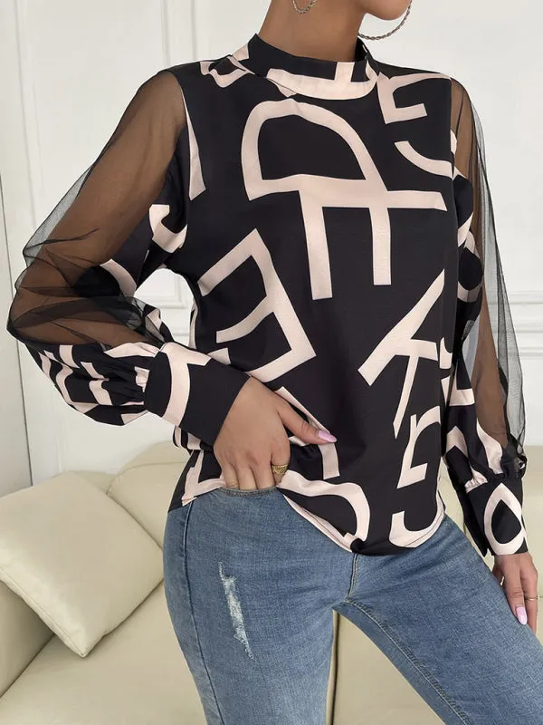 Letter Print Spliced Mesh Long Sleeve Blouse - Top