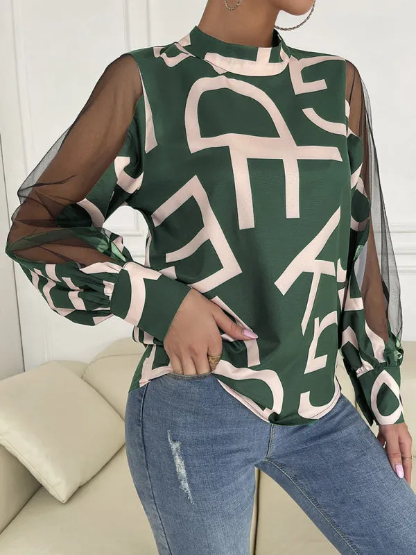 Letter Print Spliced Mesh Long Sleeve Blouse - Top
