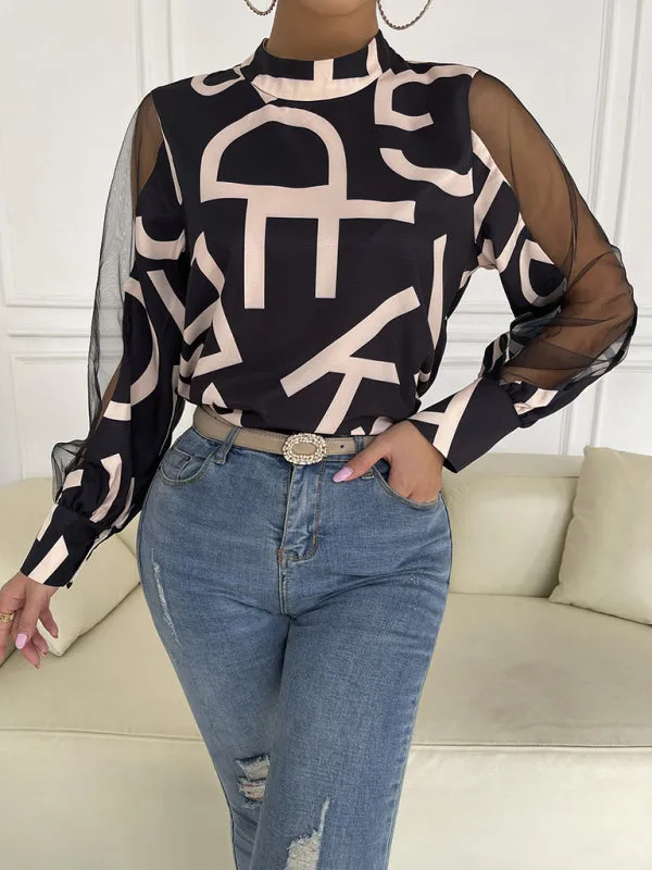 Letter Print Spliced Mesh Long Sleeve Blouse - Top