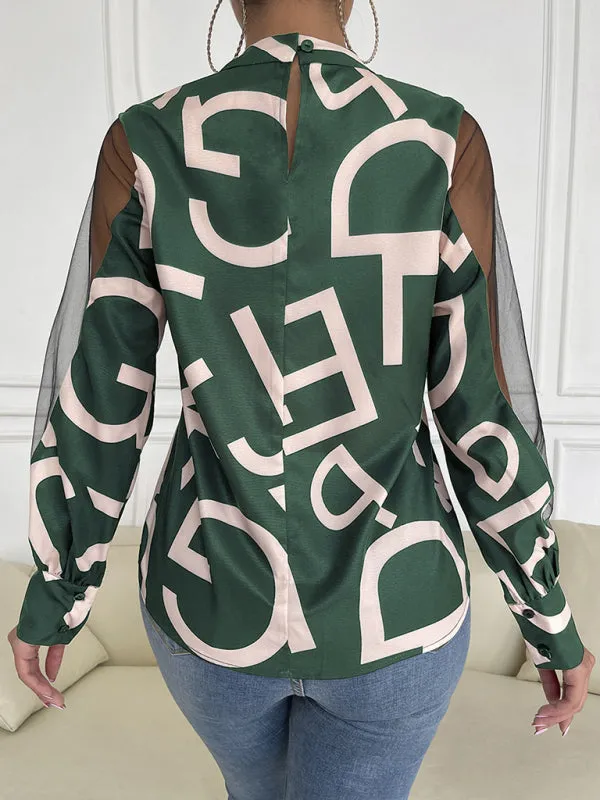Letter Print Spliced Mesh Long Sleeve Blouse - Top