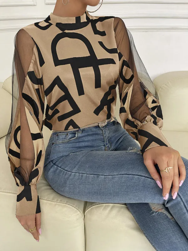 Letter Print Spliced Mesh Long Sleeve Blouse - Top