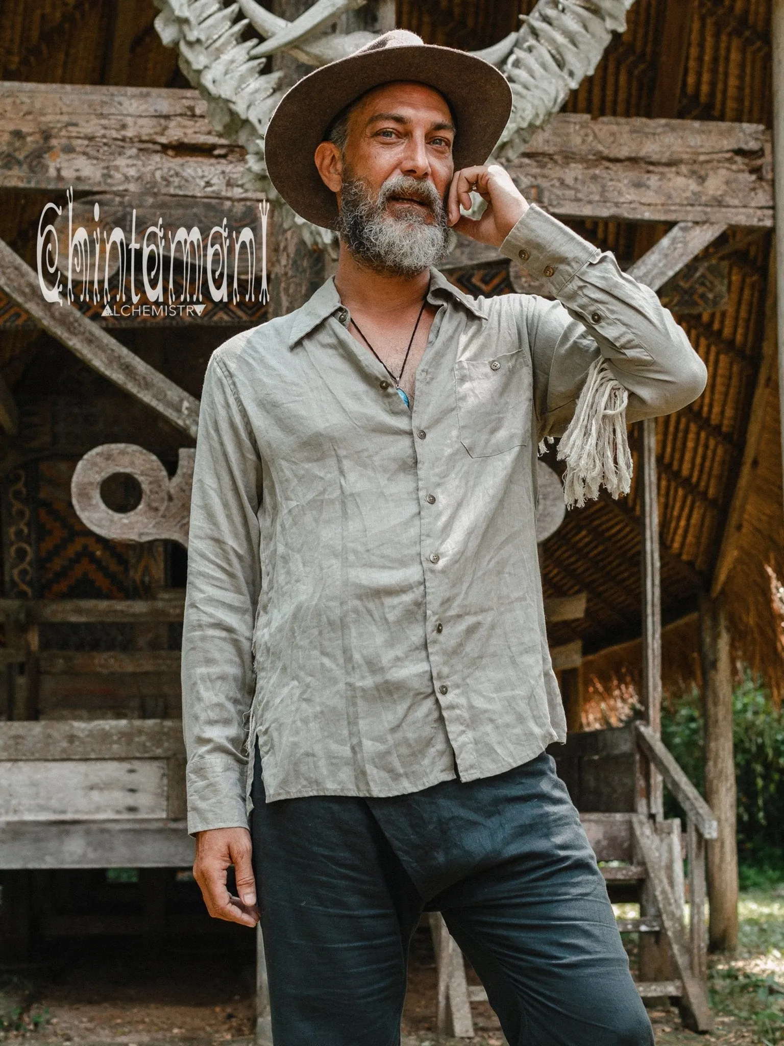 Linen Fringe Boho Shirt for Men / Alma Libra / Khaki