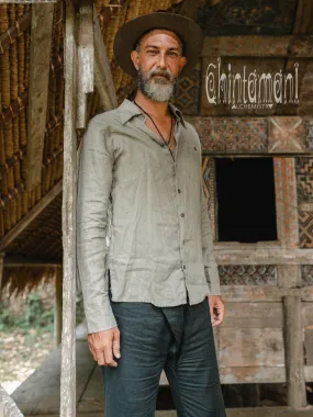 Linen Fringe Boho Shirt for Men / Alma Libra / Khaki
