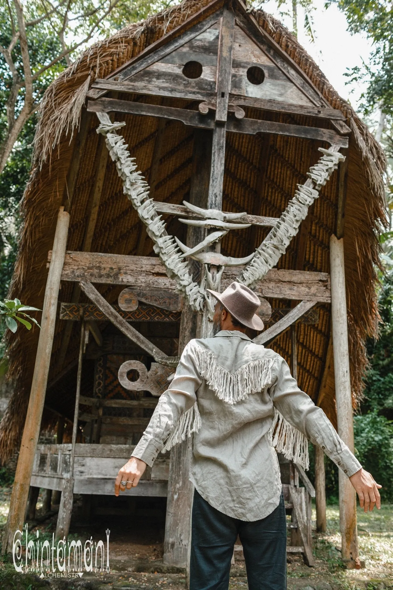 Linen Fringe Boho Shirt for Men / Alma Libra / Khaki