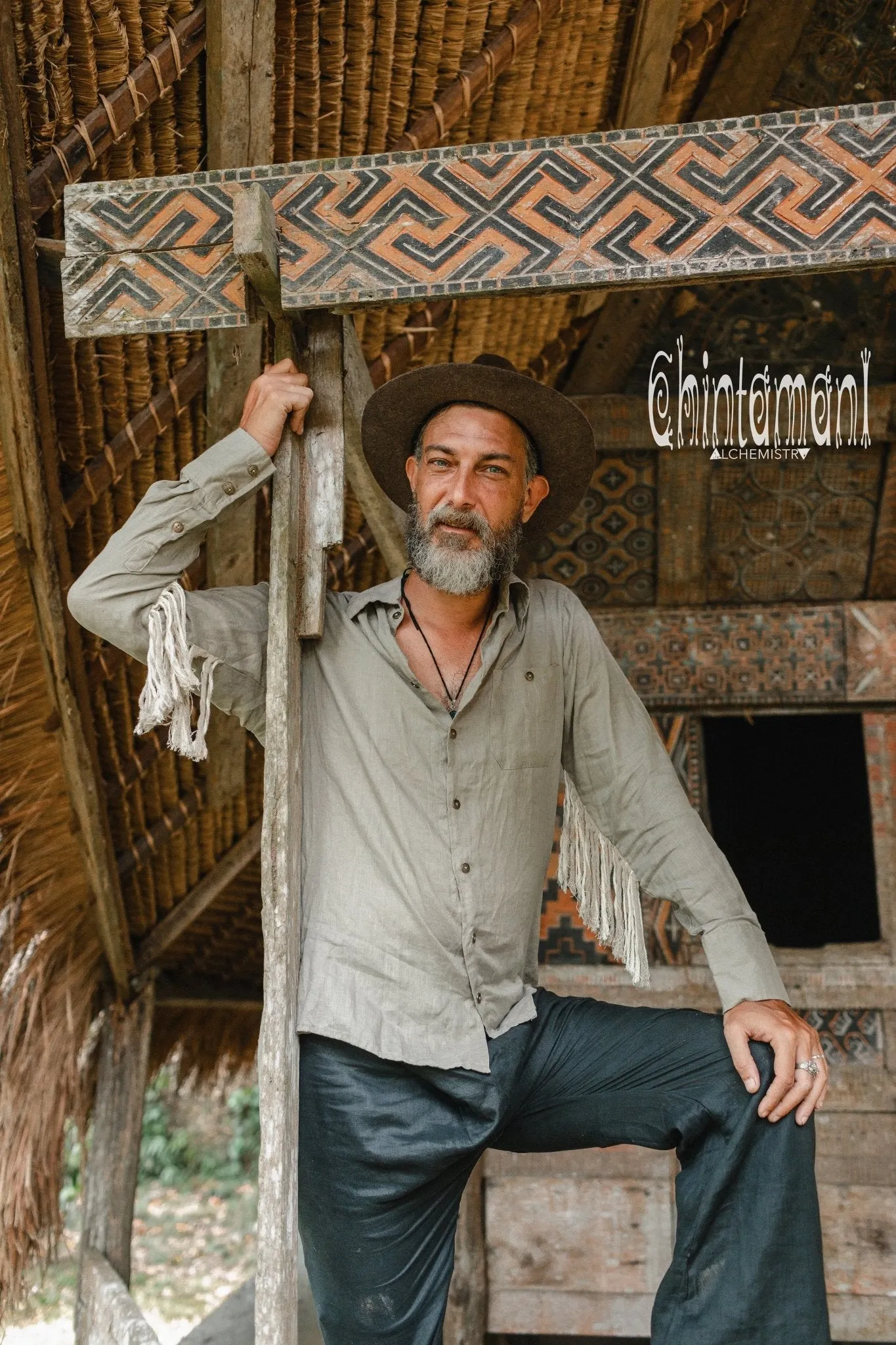 Linen Fringe Boho Shirt for Men / Alma Libra / Khaki