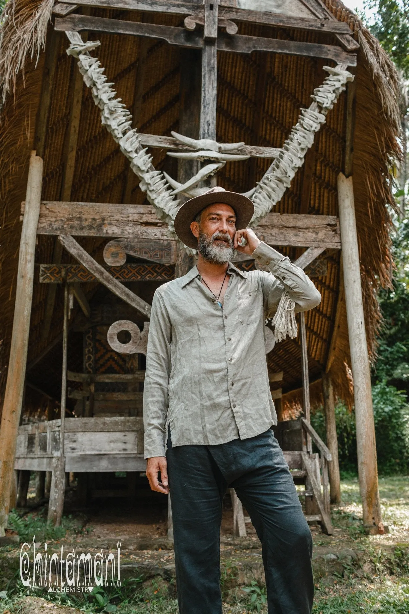 Linen Fringe Boho Shirt for Men / Alma Libra / Khaki
