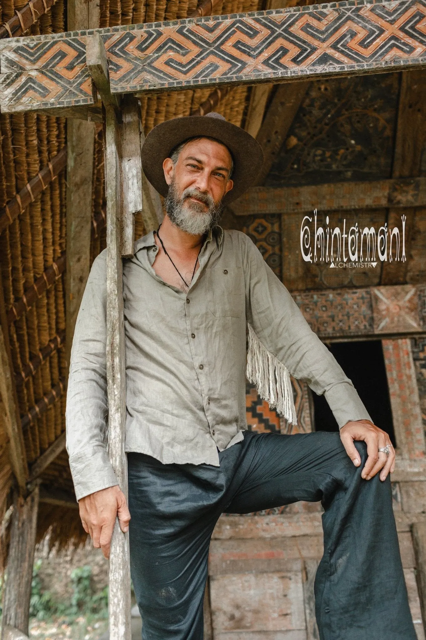 Linen Fringe Boho Shirt for Men / Alma Libra / Khaki