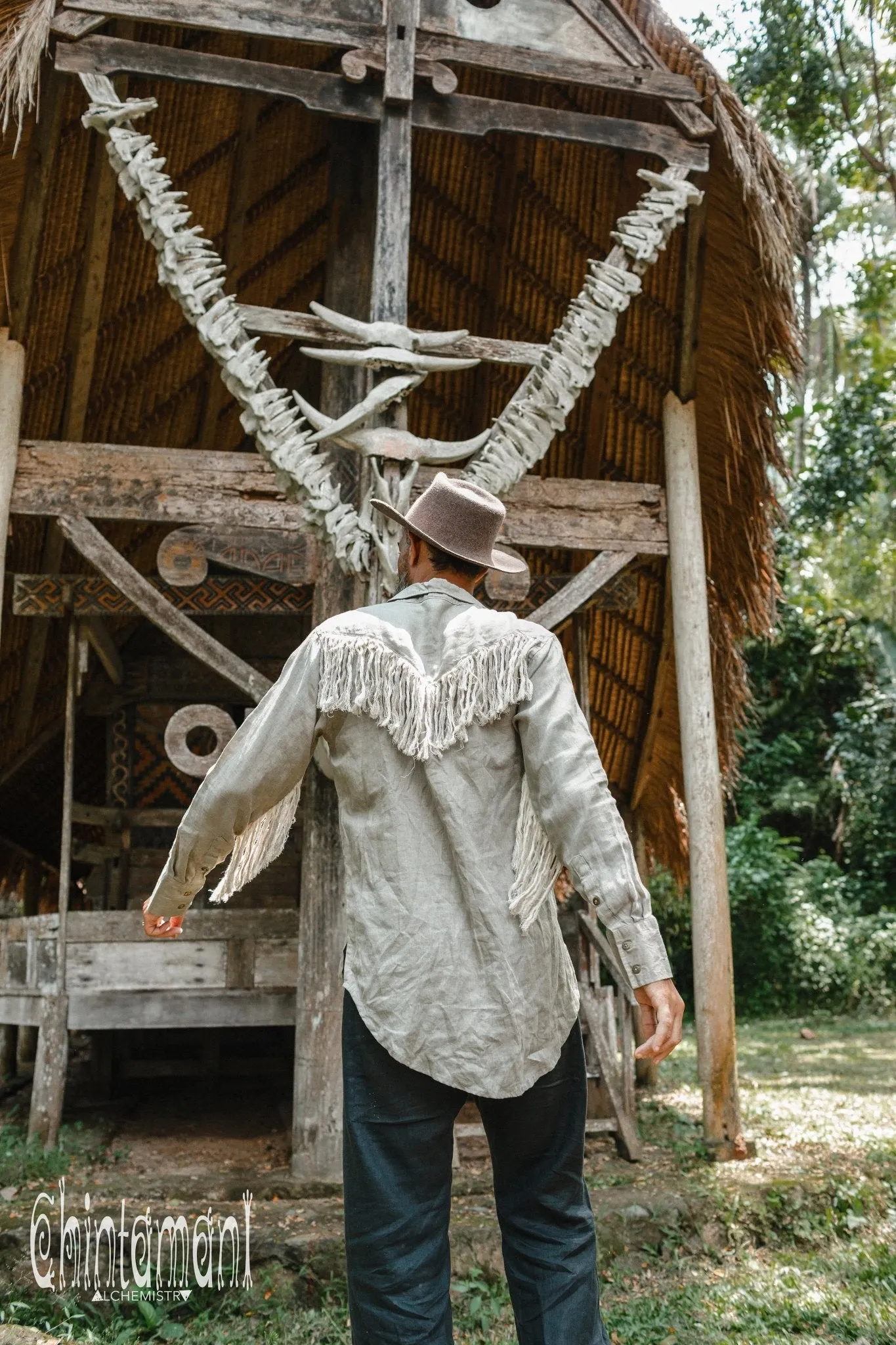 Linen Fringe Boho Shirt for Men / Alma Libra / Khaki