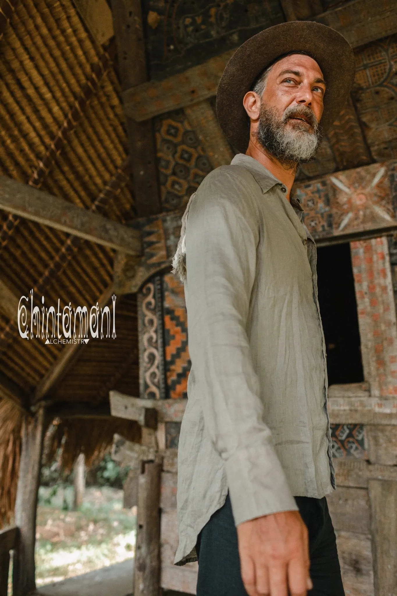 Linen Fringe Boho Shirt for Men / Alma Libra / Khaki