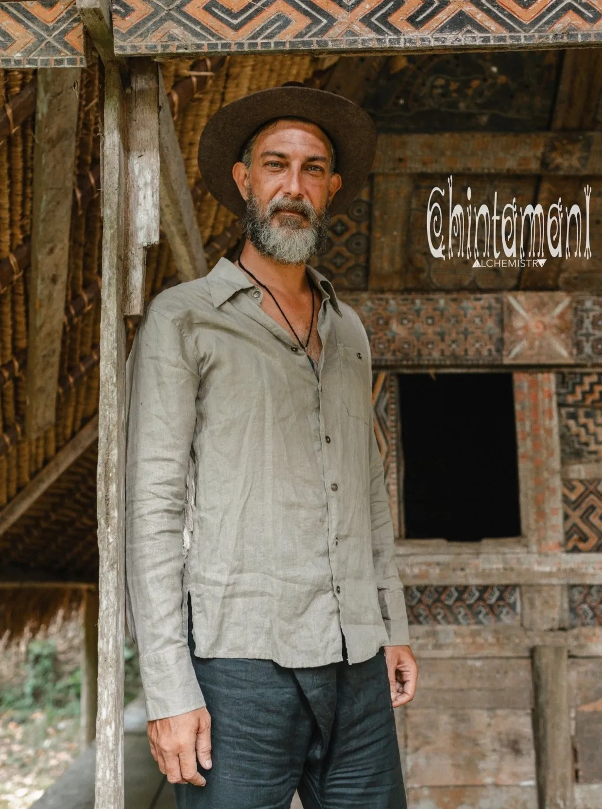 Linen Fringe Boho Shirt for Men / Alma Libra / Khaki