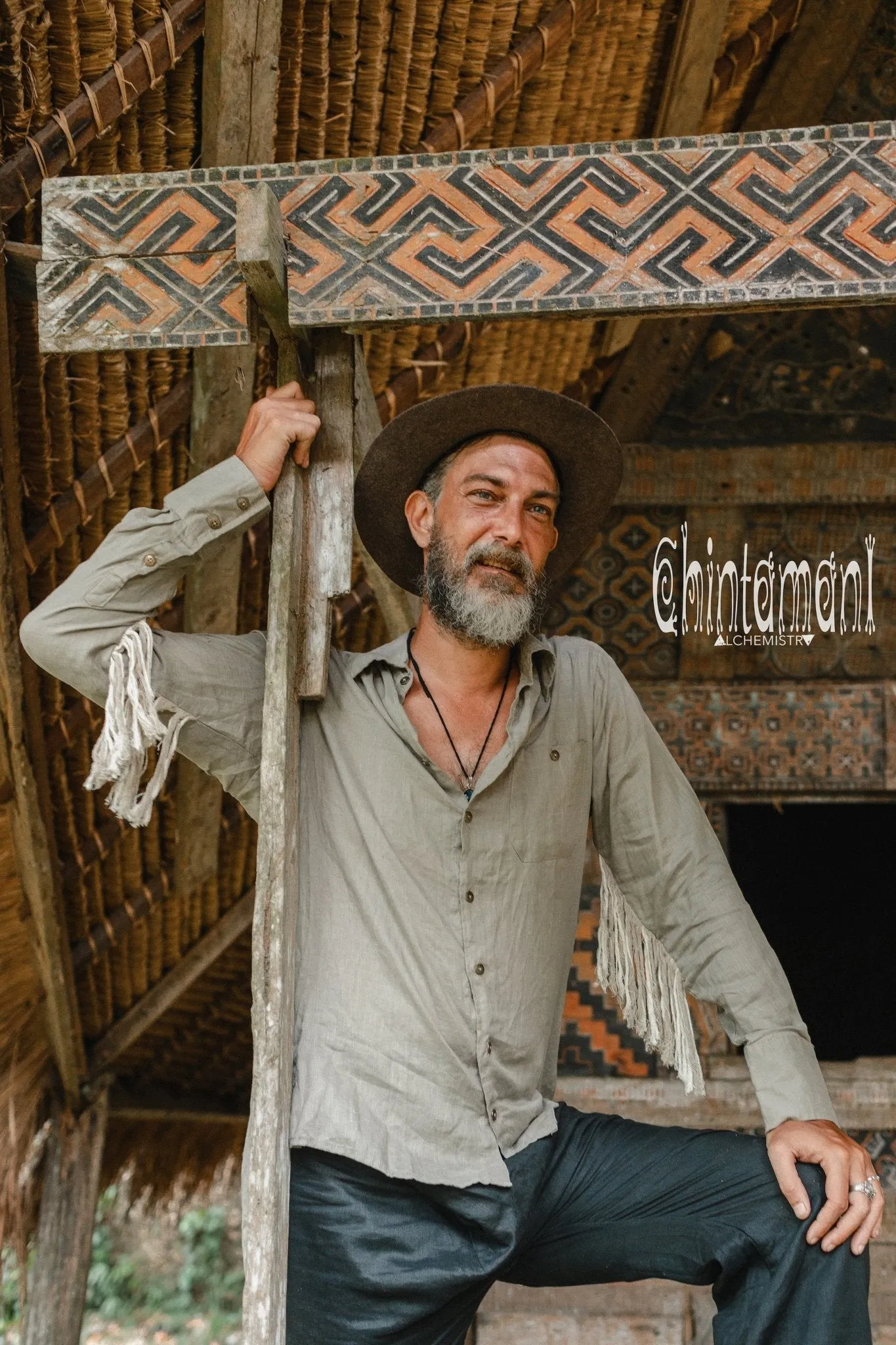Linen Fringe Boho Shirt for Men / Alma Libra / Khaki