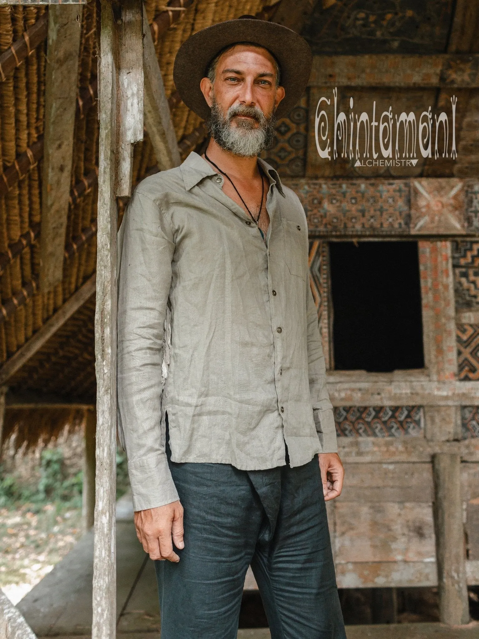 Linen Fringe Boho Shirt for Men / Alma Libra / Khaki