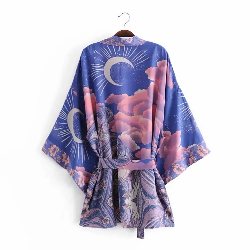 Mystic Blue Moon Starrynight Printed Short Beach Kimono