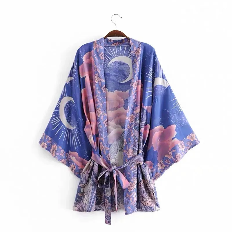 Mystic Blue Moon Starrynight Printed Short Beach Kimono