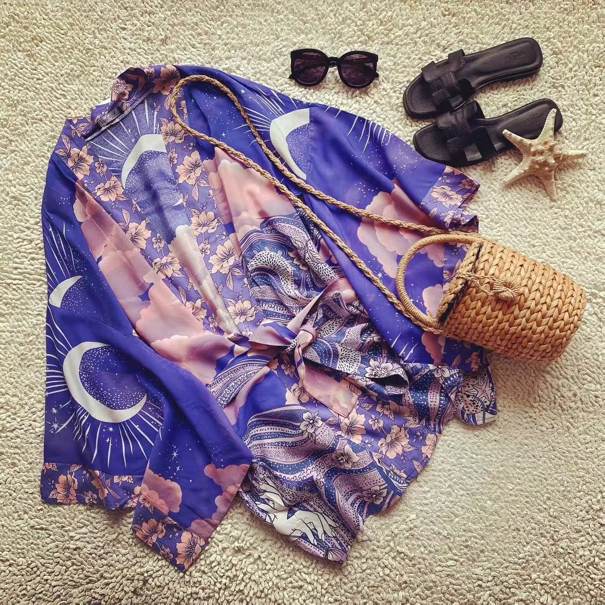 Mystic Blue Moon Starrynight Printed Short Beach Kimono