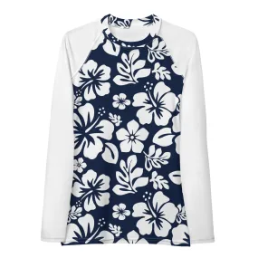 Navy Blue and White Hawaiian Print Women's Rash Guard with White Sleeves