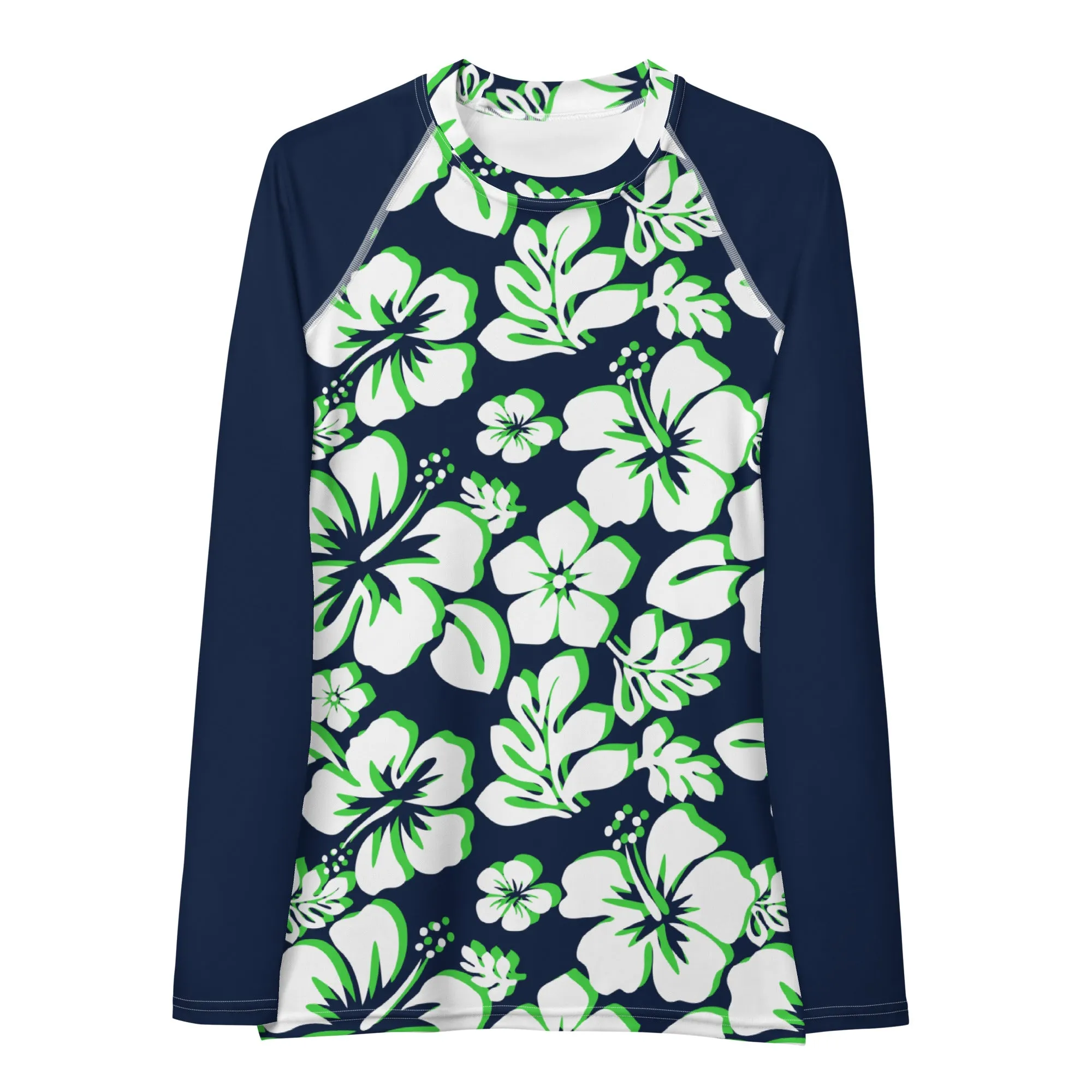 Navy Blue, Lime Green and White Hawaiian Print Women's Rash Guard with Navy Blue Sleeves