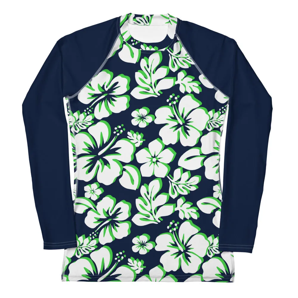 Navy Blue, Lime Green and White Hawaiian Print Women's Rash Guard with Navy Blue Sleeves