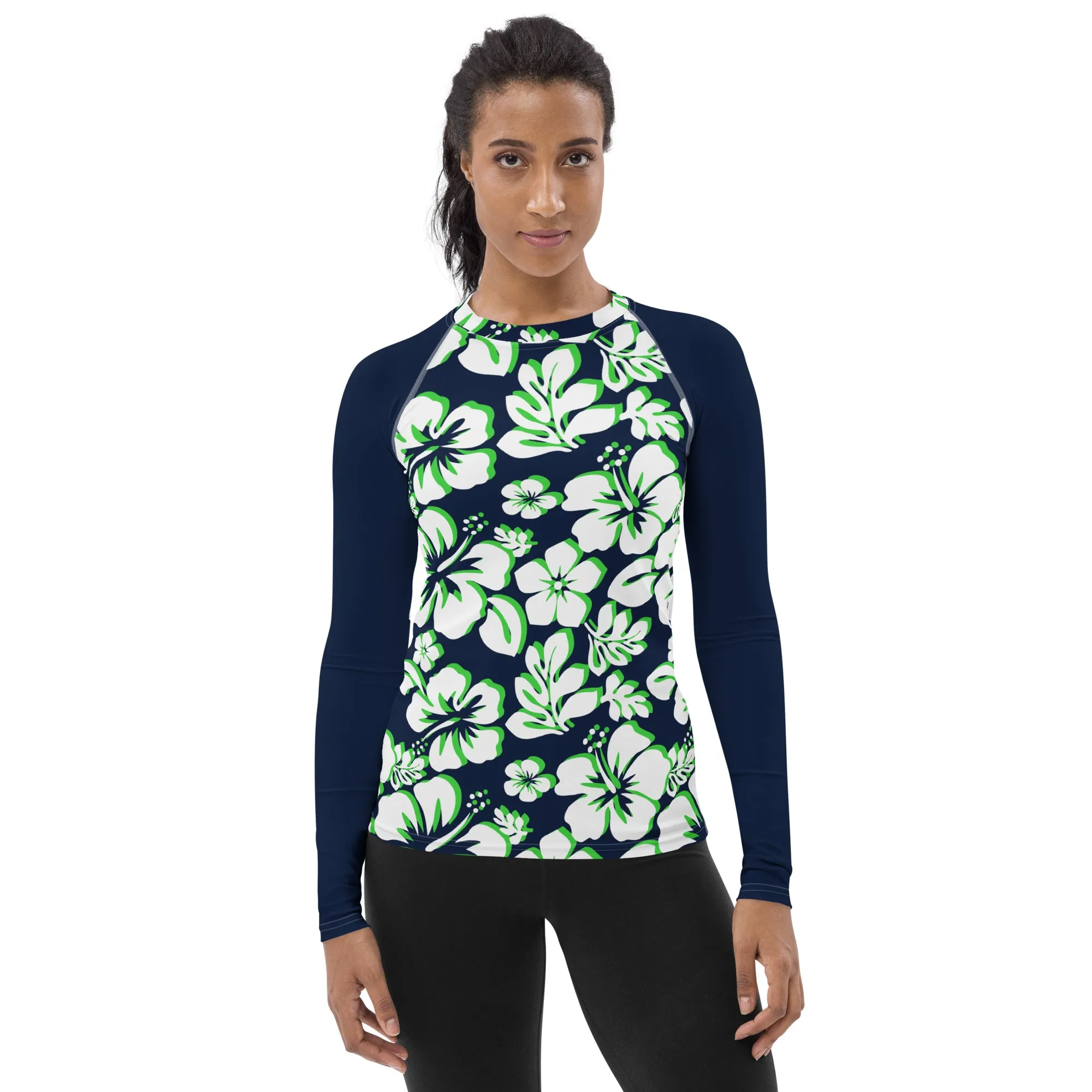 Navy Blue, Lime Green and White Hawaiian Print Women's Rash Guard with Navy Blue Sleeves