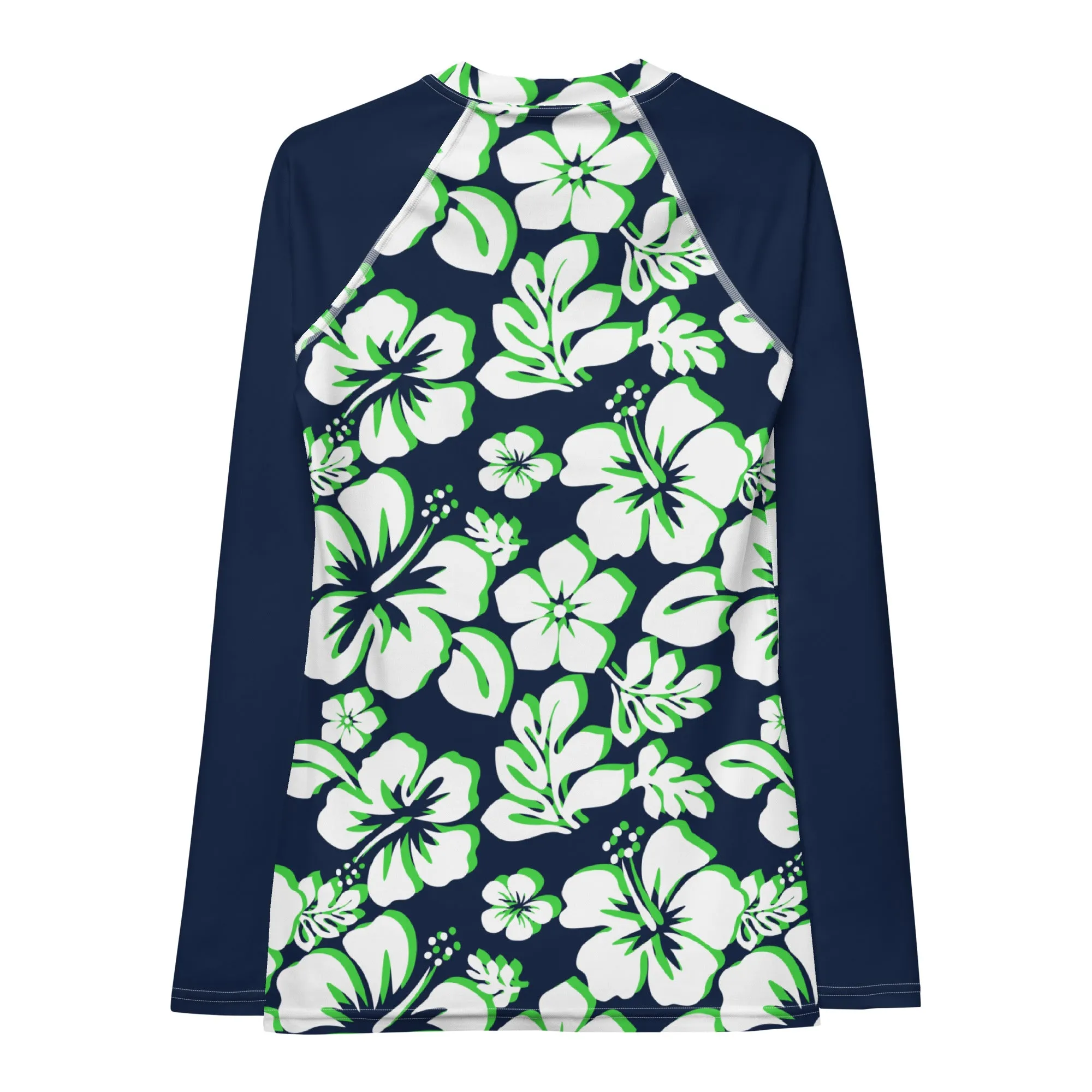 Navy Blue, Lime Green and White Hawaiian Print Women's Rash Guard with Navy Blue Sleeves