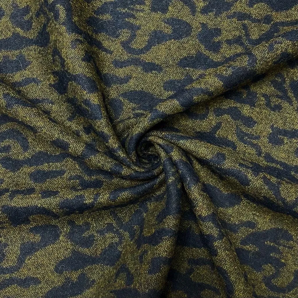 Navy Patterns on Khaki Wool Mix Fabric