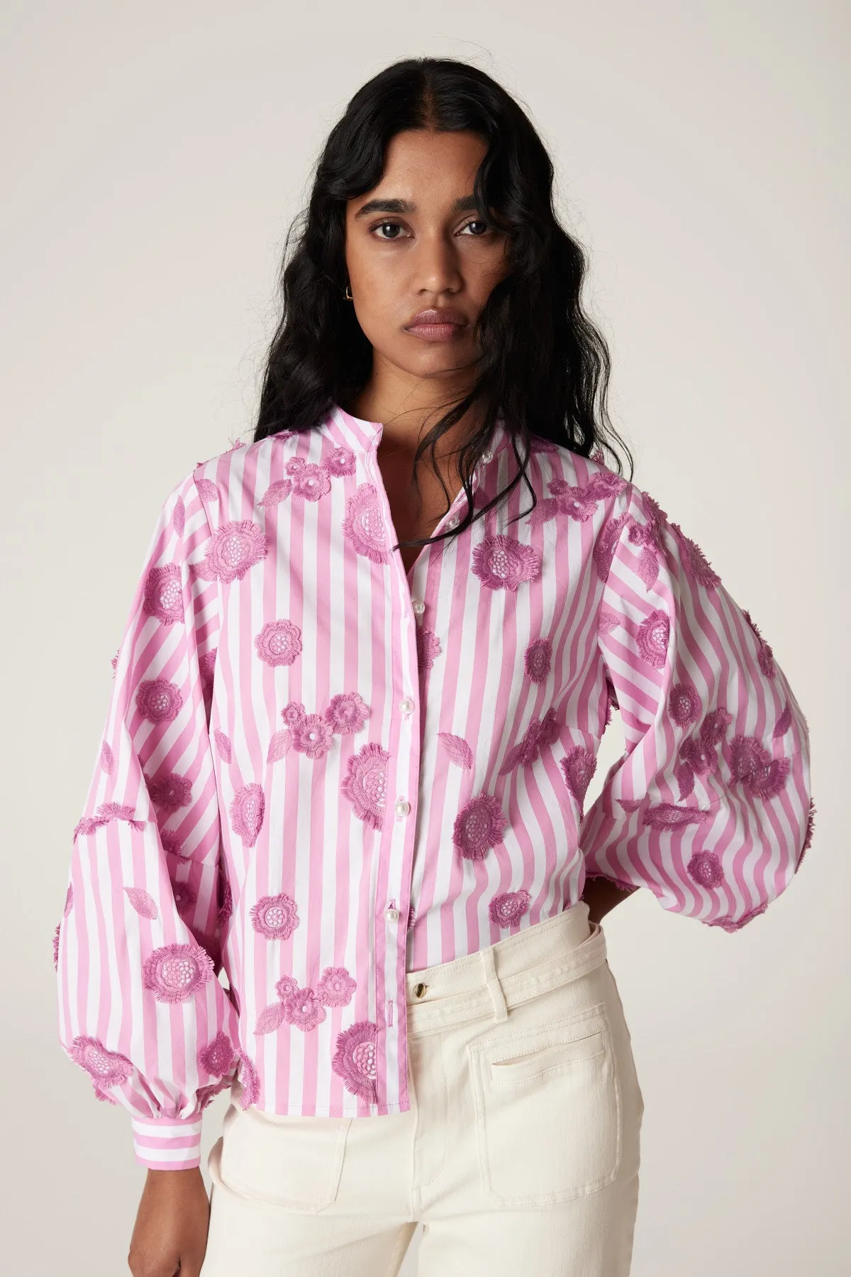 Philly Embroidered Shirt - Pink Stripe
