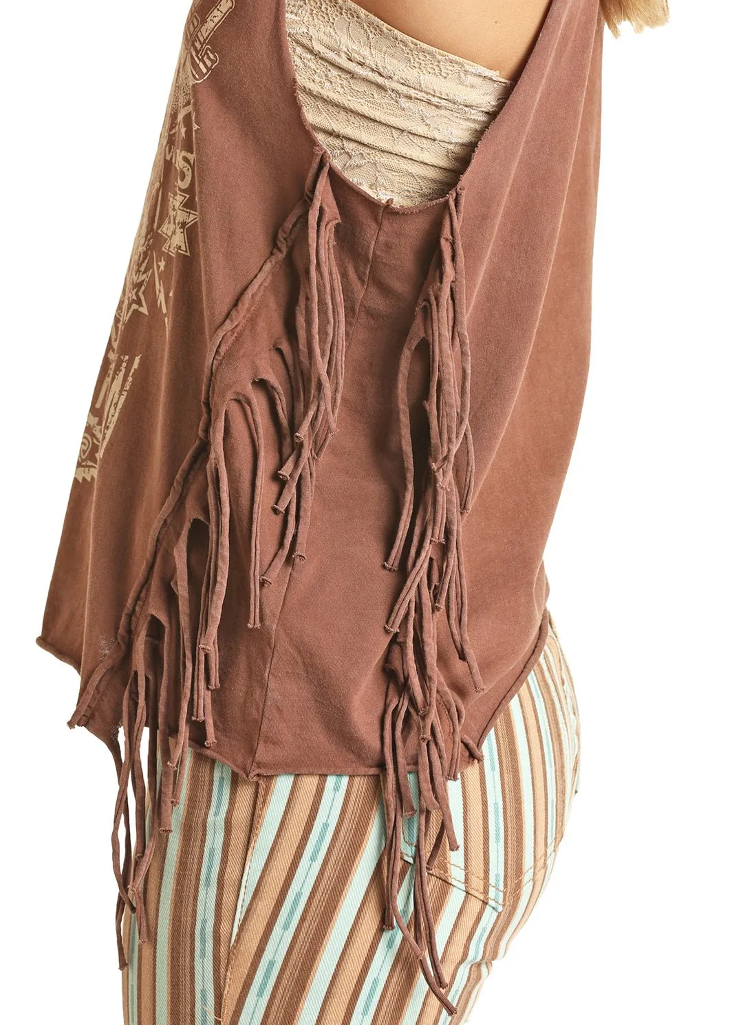Rock & Roll Denim Ladies Graphic Tank w/ Fringe