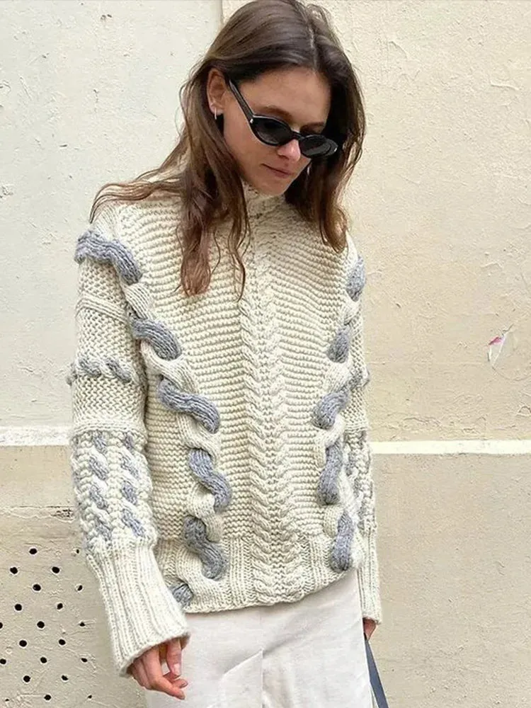 TAVIMART  -  Elegant Turtleneck Women's Sweater Contrast Twist Knitted Pullovers Crocheted Knitwear Long Sleeved Top 2024 Autumn Loose Jumper