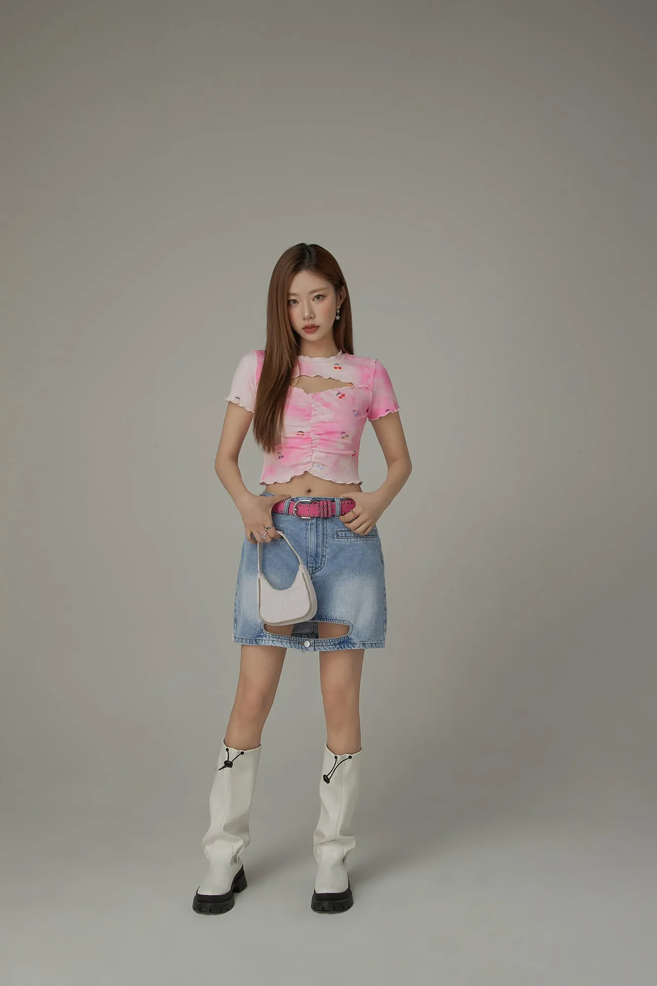 Tie-Dye Printed Cherries Key Hole Slit Crop Top