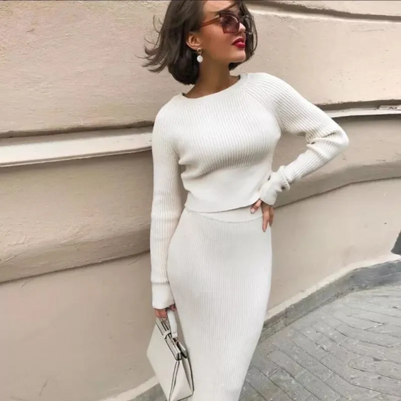 Turtleneck Sweater Pullovers & Midi Skirt Casual Two Pieces Sets