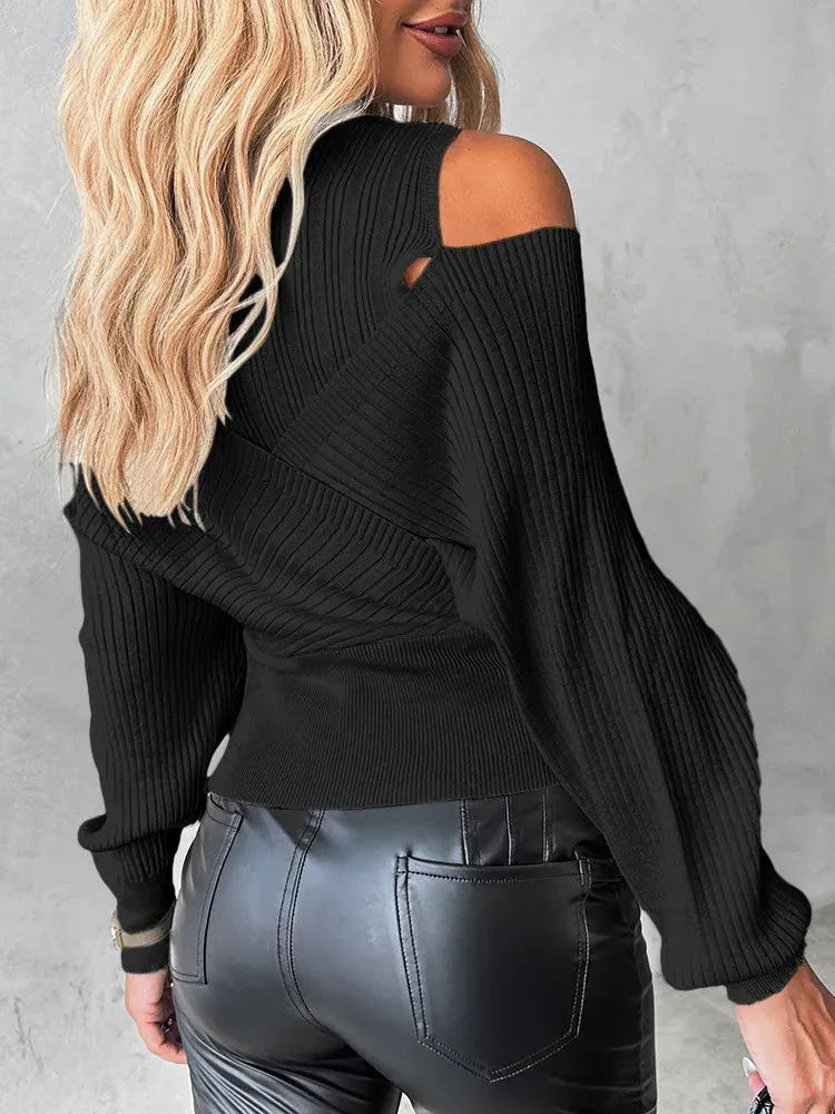 UAKISS  -  Overlap Hollow Out Sweater Women Knit Pullovers Turtleneck Tops Cross Jumpers Woman Clothing Sexy Cold Shoulder Top Sweaters