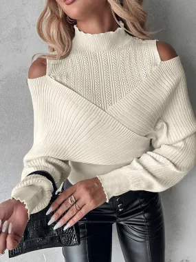 UAKISS  -  Overlap Hollow Out Sweater Women Knit Pullovers Turtleneck Tops Cross Jumpers Woman Clothing Sexy Cold Shoulder Top Sweaters