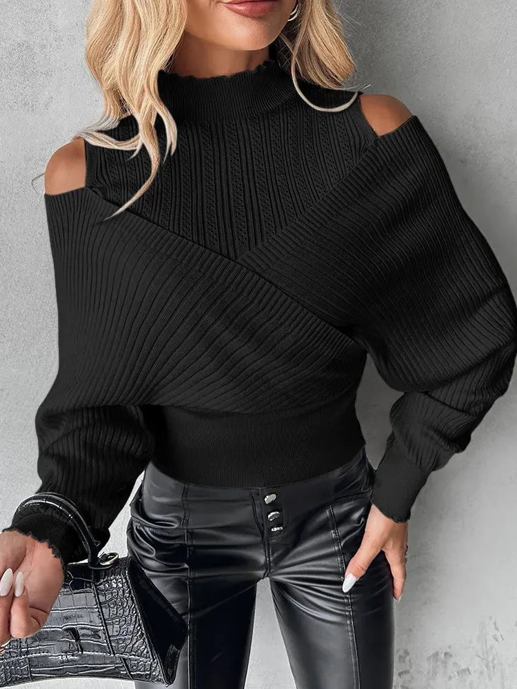 UAKISS  -  Overlap Hollow Out Sweater Women Knit Pullovers Turtleneck Tops Cross Jumpers Woman Clothing Sexy Cold Shoulder Top Sweaters