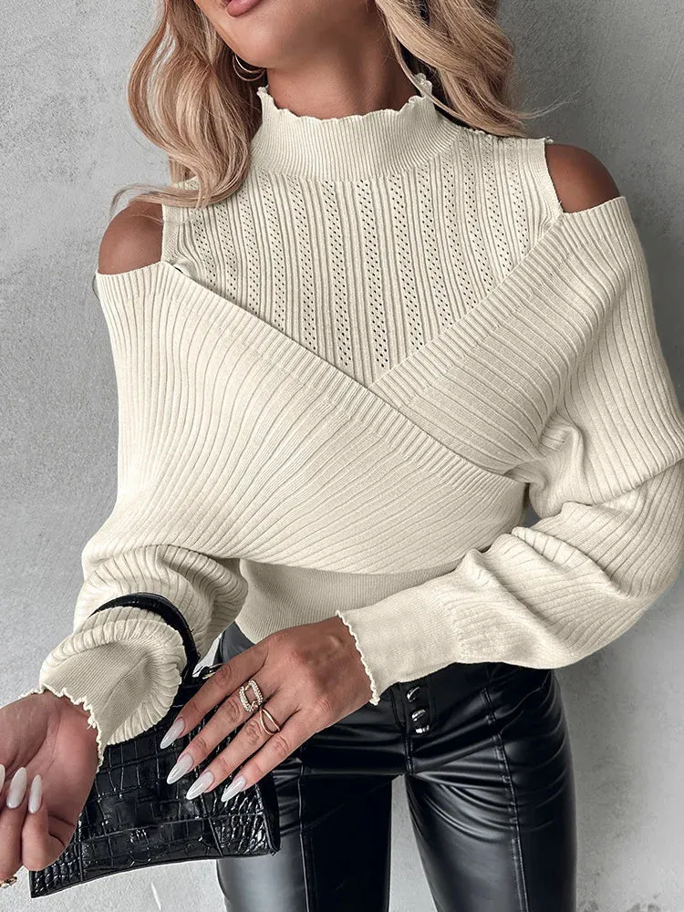 UAKISS  -  Overlap Hollow Out Sweater Women Knit Pullovers Turtleneck Tops Cross Jumpers Woman Clothing Sexy Cold Shoulder Top Sweaters