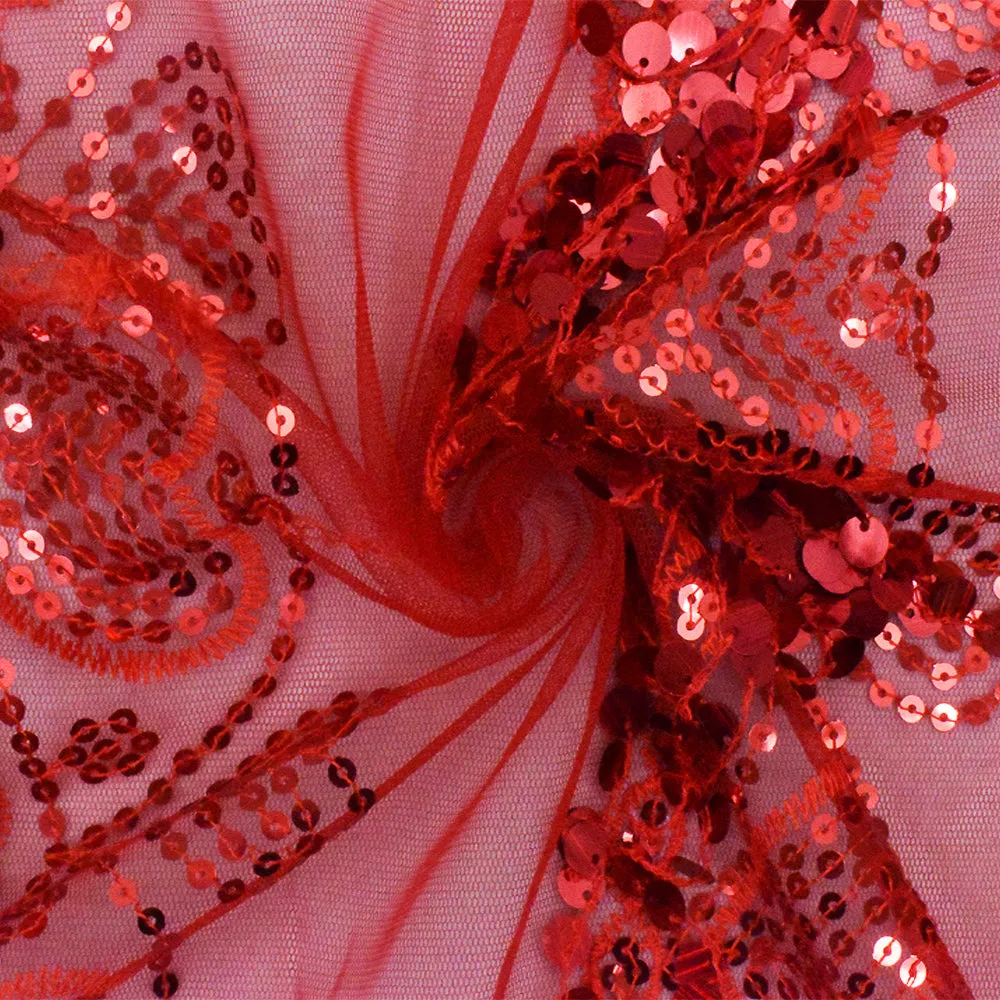 Valentine Red Heart Embroidered Sequin-Fringe Mesh Tulle Fabric