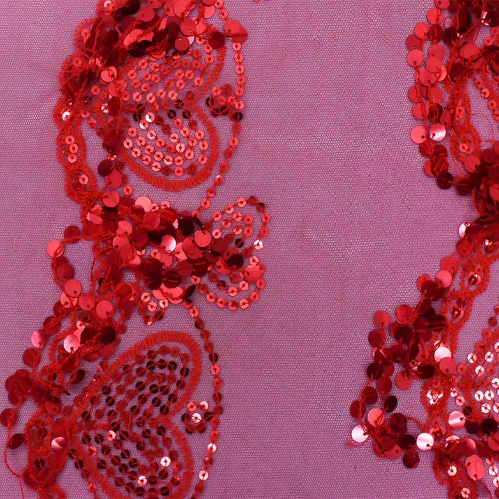 Valentine Red Heart Embroidered Sequin-Fringe Mesh Tulle Fabric