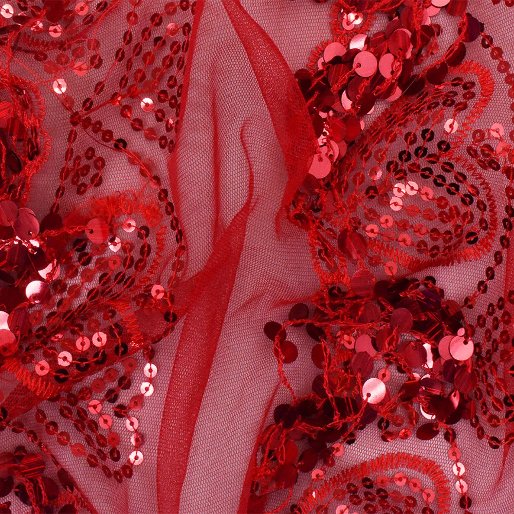 Valentine Red Heart Embroidered Sequin-Fringe Mesh Tulle Fabric