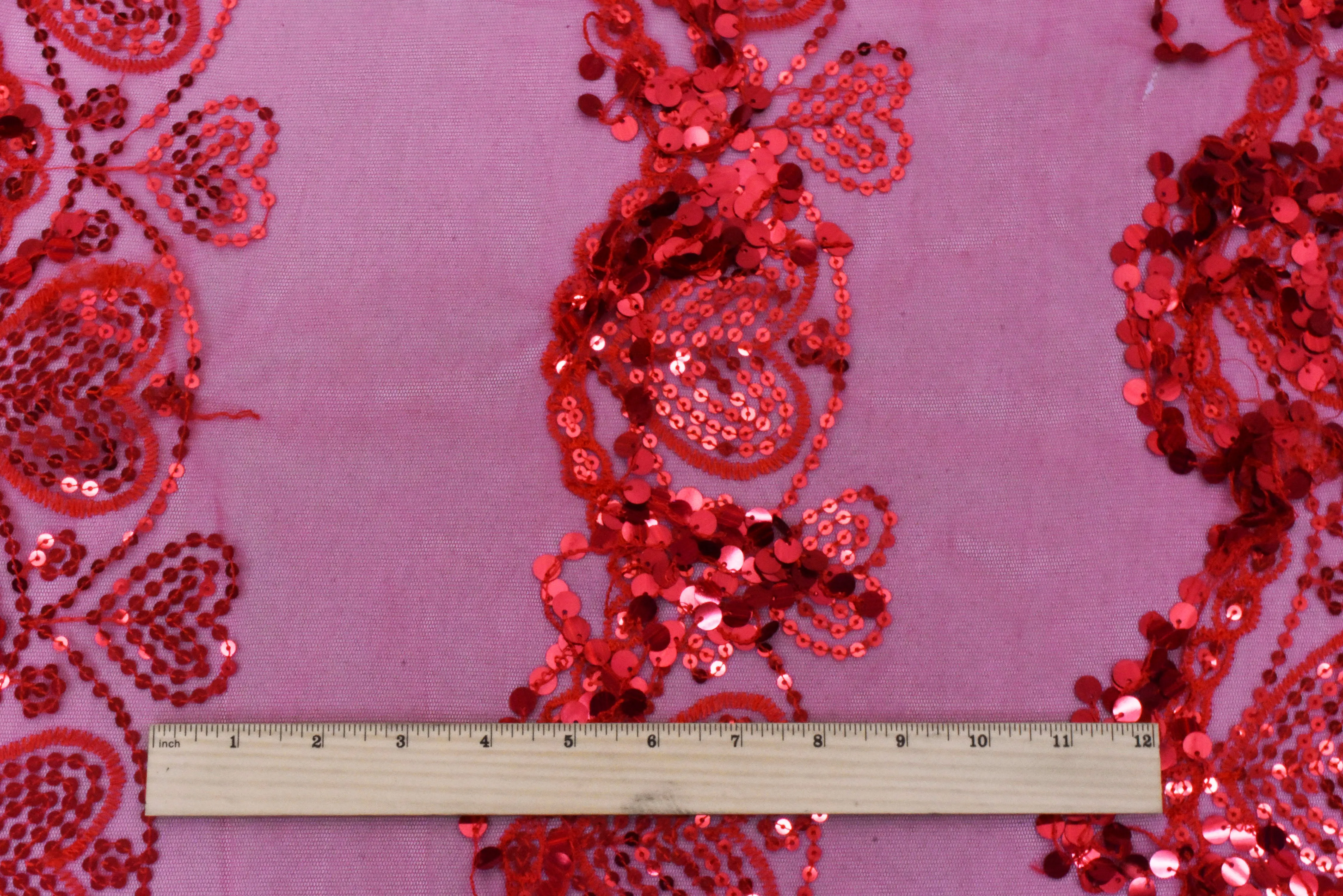 Valentine Red Heart Embroidered Sequin-Fringe Mesh Tulle Fabric