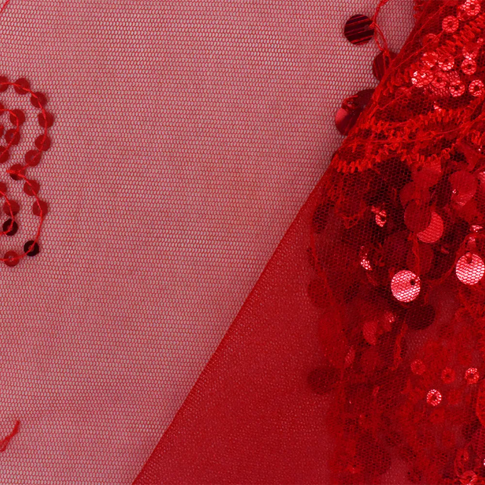 Valentine Red Heart Embroidered Sequin-Fringe Mesh Tulle Fabric