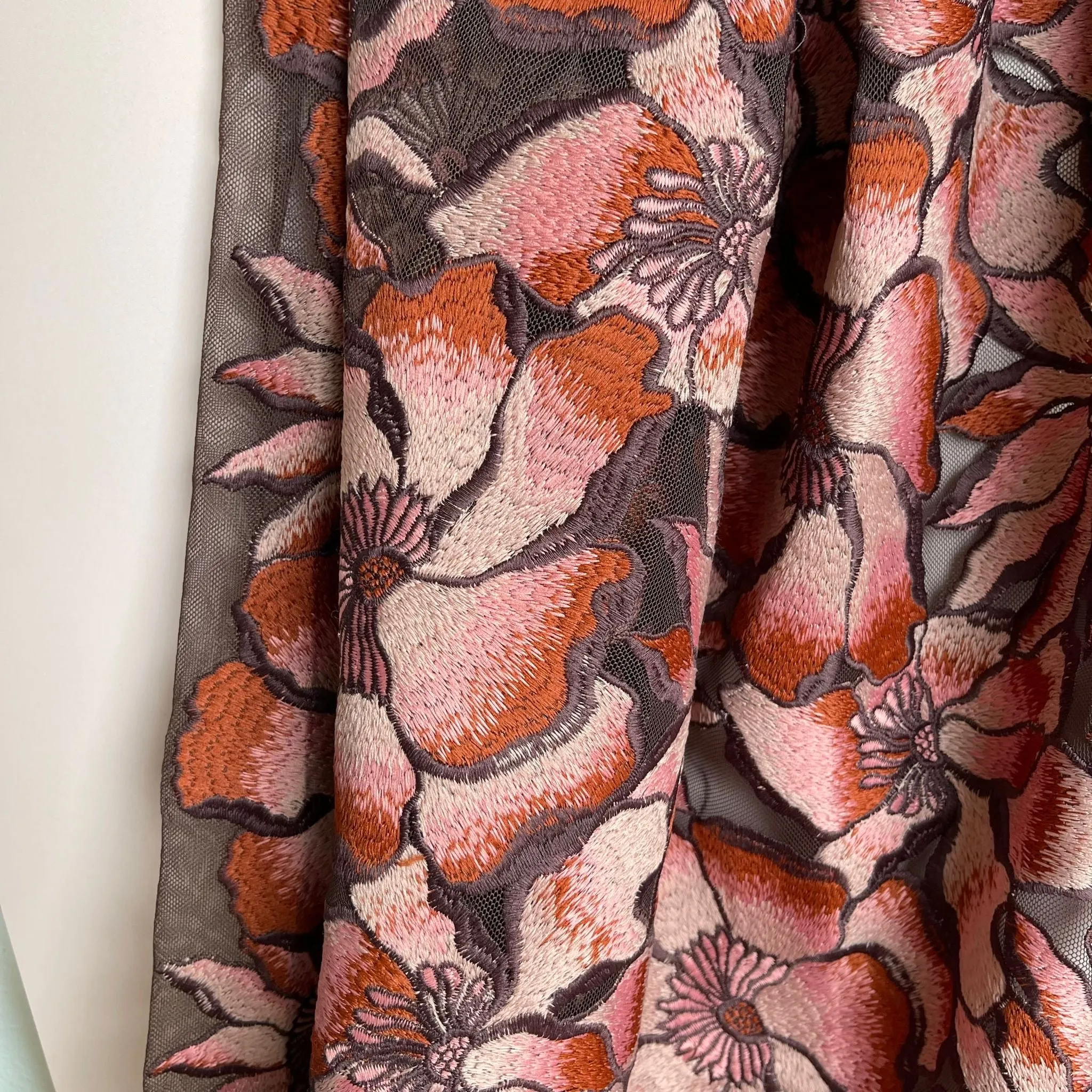 Vintage Floral in Old Rose Embroidered Tulle Fabric