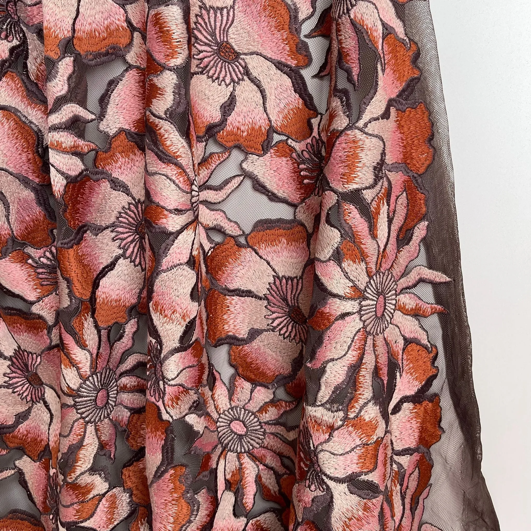 Vintage Floral in Old Rose Embroidered Tulle Fabric