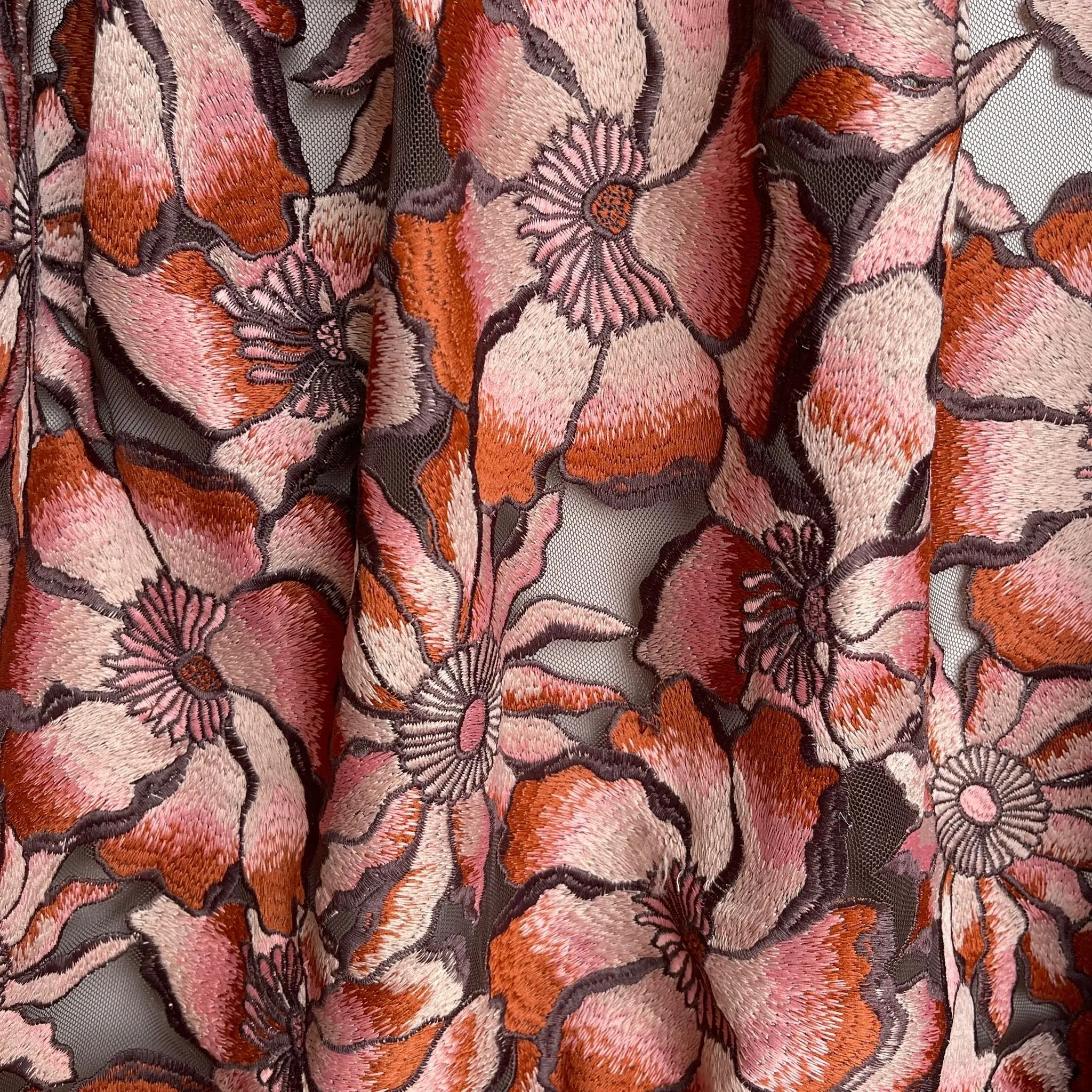 Vintage Floral in Old Rose Embroidered Tulle Fabric