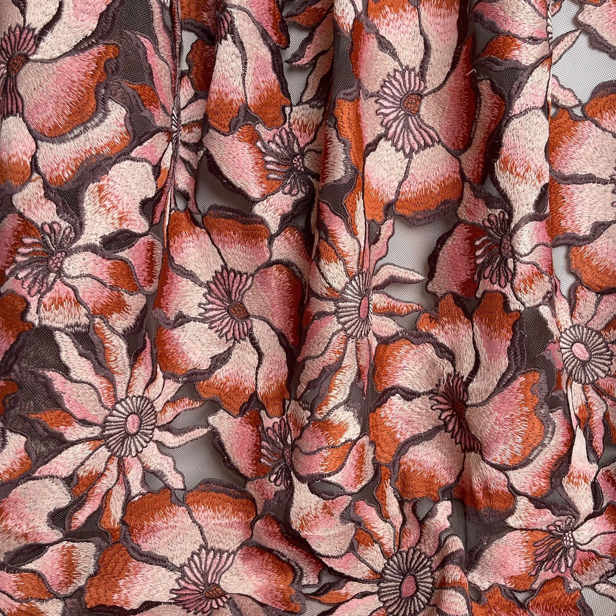 Vintage Floral in Old Rose Embroidered Tulle Fabric