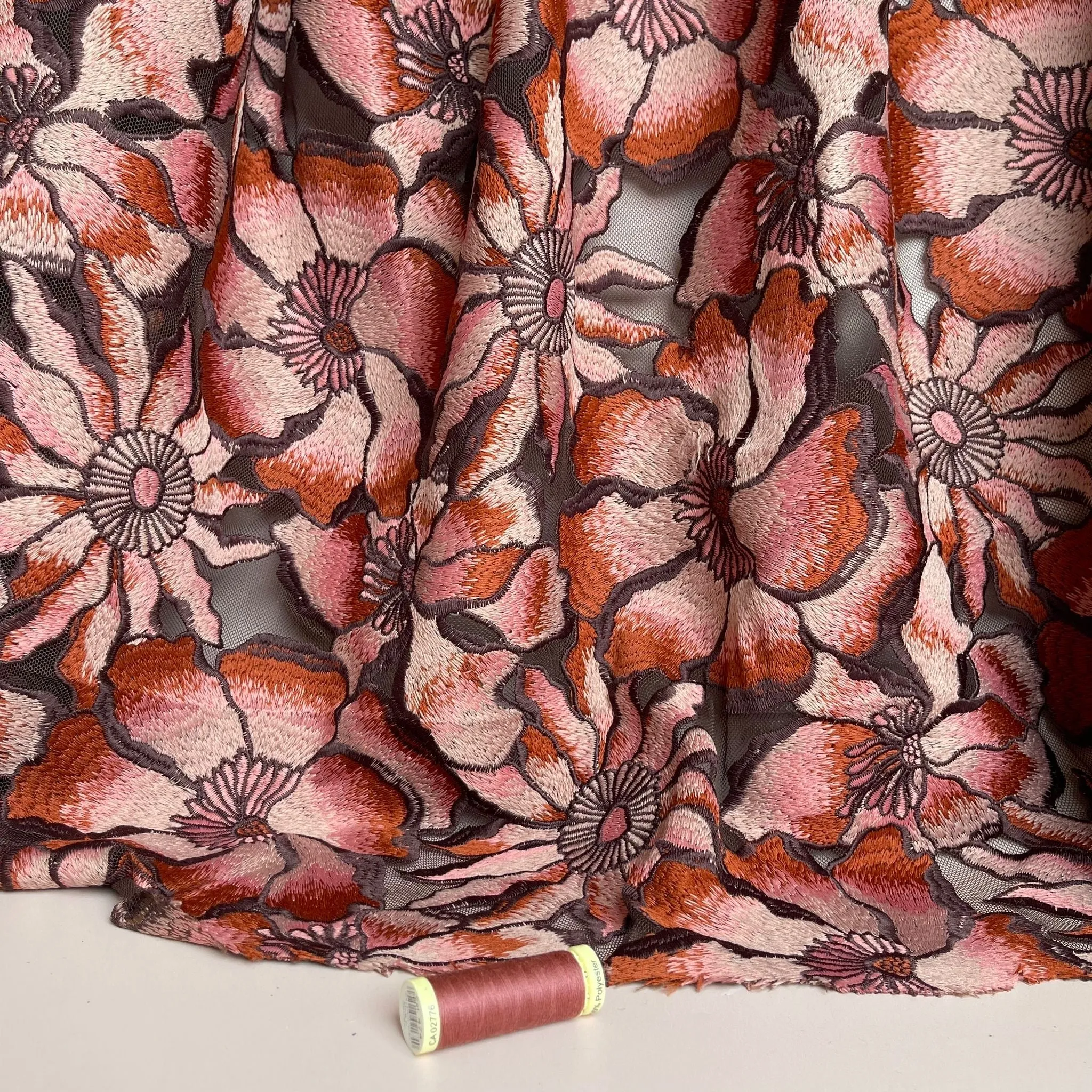 Vintage Floral in Old Rose Embroidered Tulle Fabric