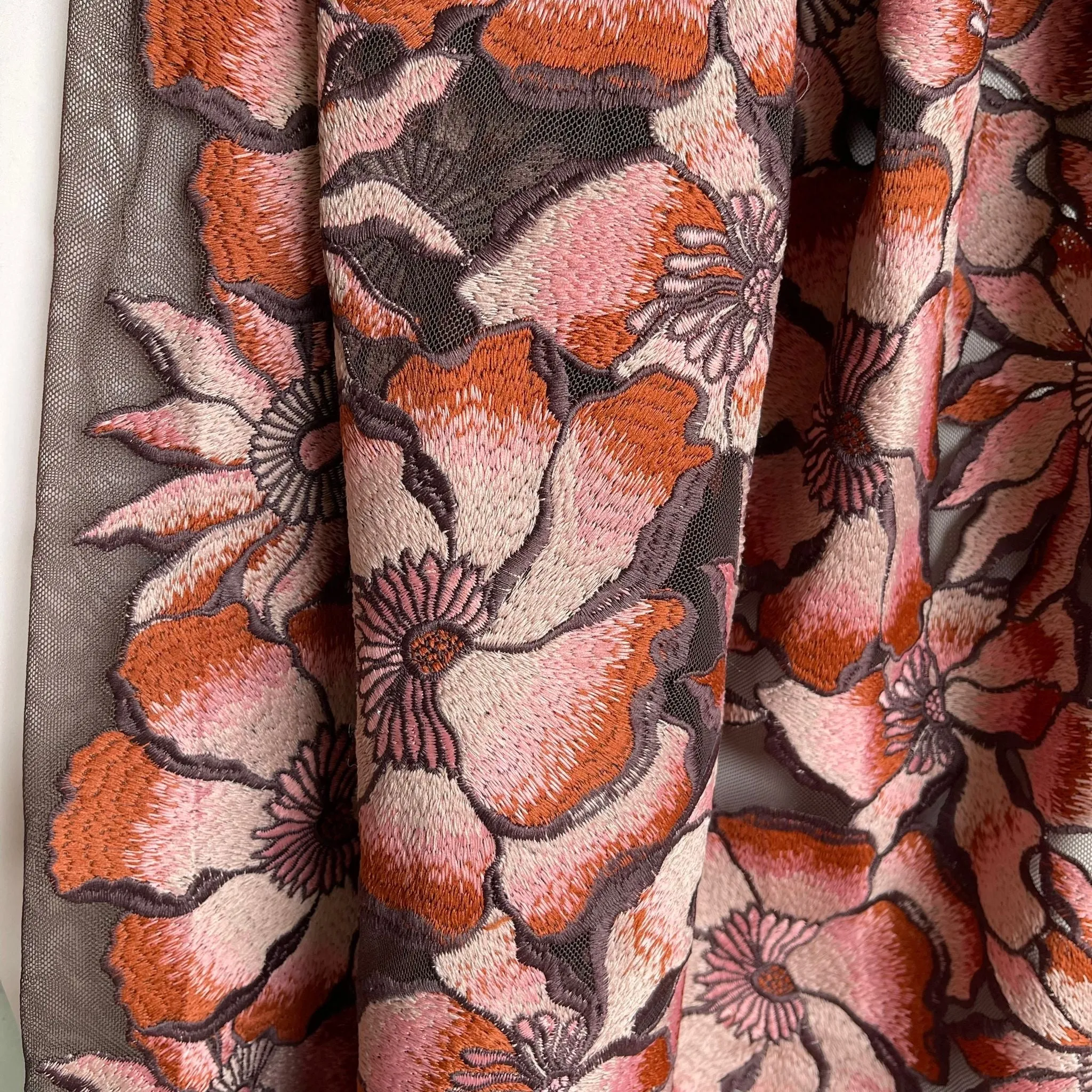 Vintage Floral in Old Rose Embroidered Tulle Fabric